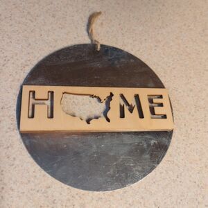 Home Sign Galvanized Metal Wood Round Farmhouse USA Map Ornament